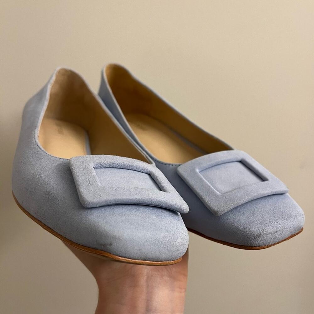 J. McLaughlin Lisbeth Blue Suede Buckle Low Block Heels Size 8 - Picture 8 of 12